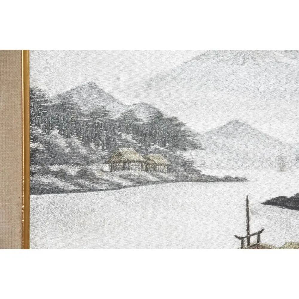 Japanese Landscape Mount Fuji Hand Stitched Silk Embroidery Framed Art